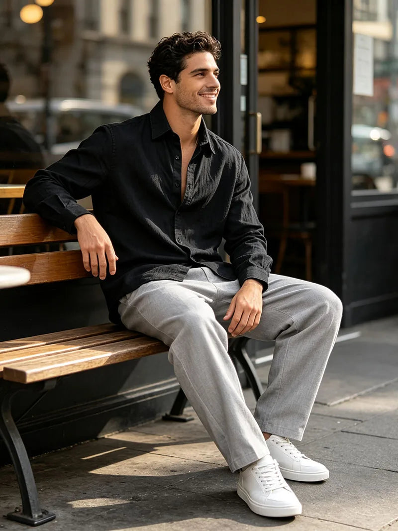 Men's Linen Shirt Spring Autumn Casual Long Sleeve Button Up Shirt Loose Fit Textured Top Lightweight Resort Wear for Men
