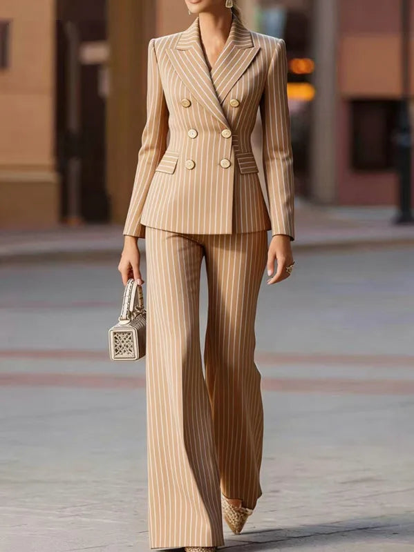 Women's 2 Piece Striped Suit, Double Breasted Blazer and Wide Leg Pants Set, Formal Business Office Wear