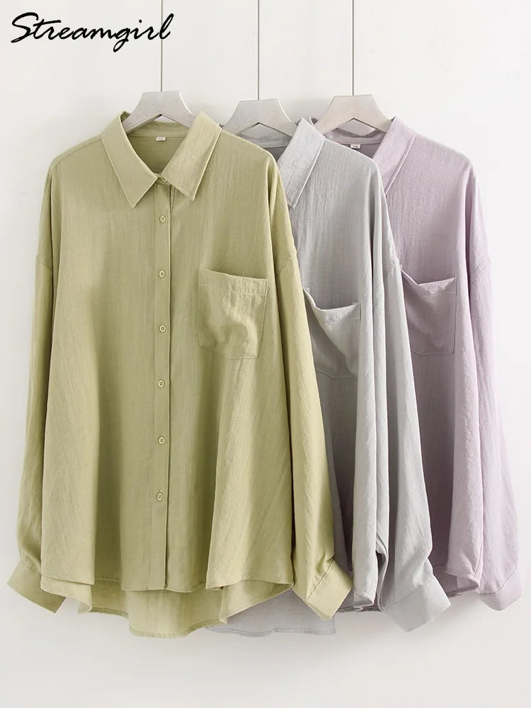 Linen Blue Button Down Shirt For Women Luxury Oversize Tops Summer Long Sleeve Basic Thin Women's White Linen Shirts Ladies Pink
