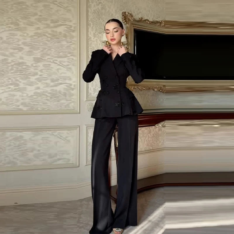 Women's Elegant Beaded Embroidered Blazer Suit Slim Fit Wide Shoulder Top Solid Casual Wide-leg Pants Cozy Two-piece Sets