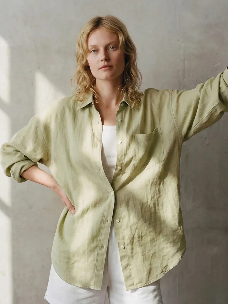 Linen Blue Button Down Shirt For Women Luxury Oversize Tops Summer Long Sleeve Basic Thin Women's White Linen Shirts Ladies Pink