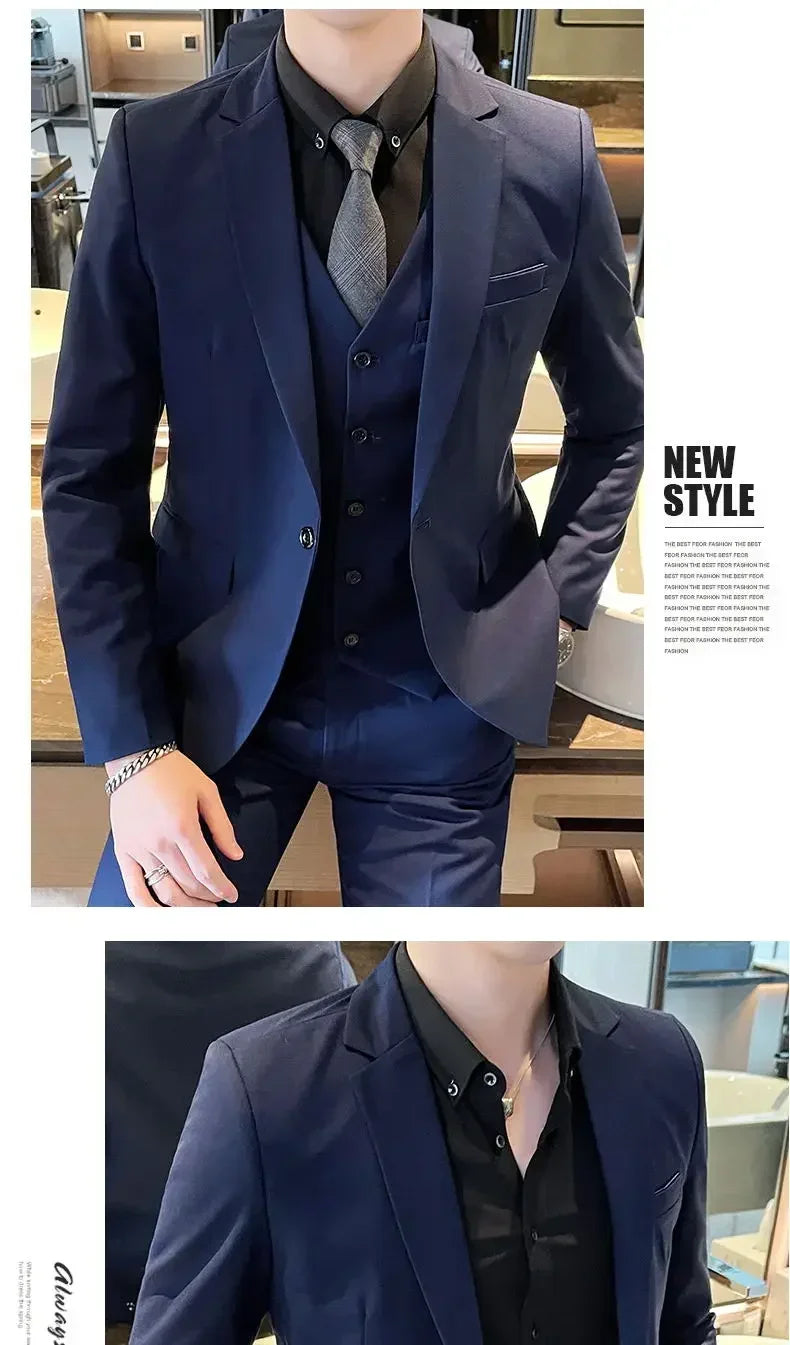 Suit (Blazer+ Vest + Pants) Men's Fashion Casual Outdoor Gentleman Business Wedding Formal Dress British Style Wedding Suit