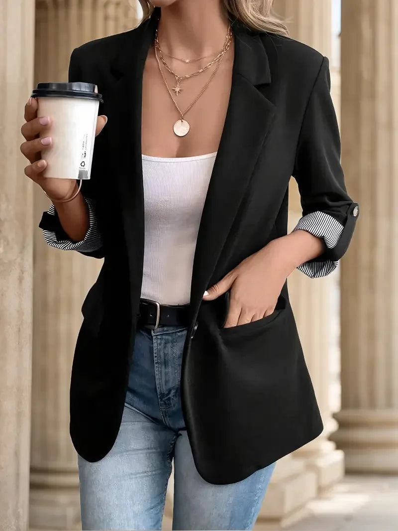 Women's Fashion Black Blazer with Striped Cuff Design Chic Professional Jacket for Casual Wear Slim Fit Long Sleeve Coat