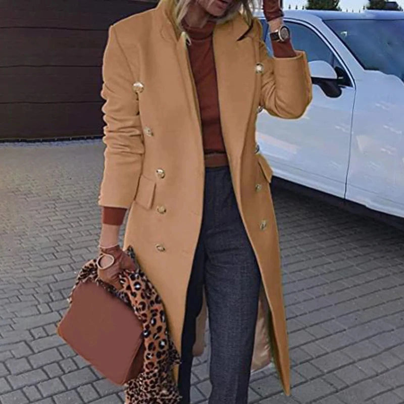 Long Over-Knee Woolen Coat for Women Commute Slimming Tonal Large Coat V-Neck Double Button Pure Color Business Style