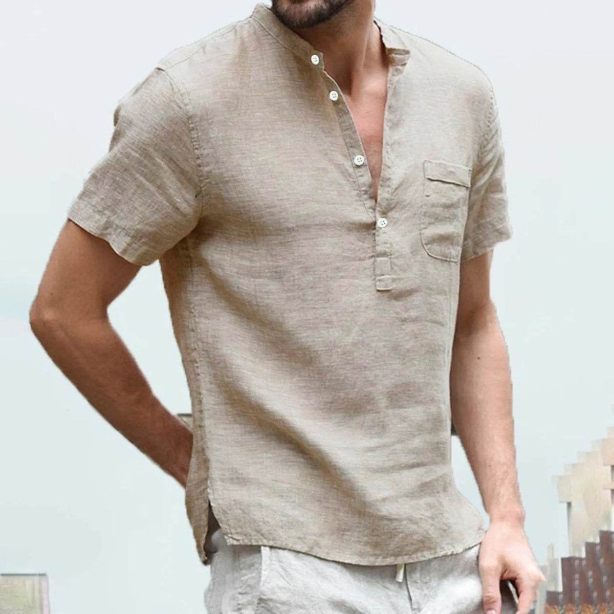 Linen Cotton Men's Shirt Henry Collar and Beach Pocket Casual Short Sleeved T-shirt Solid Color T-shirt Retro Streetwear