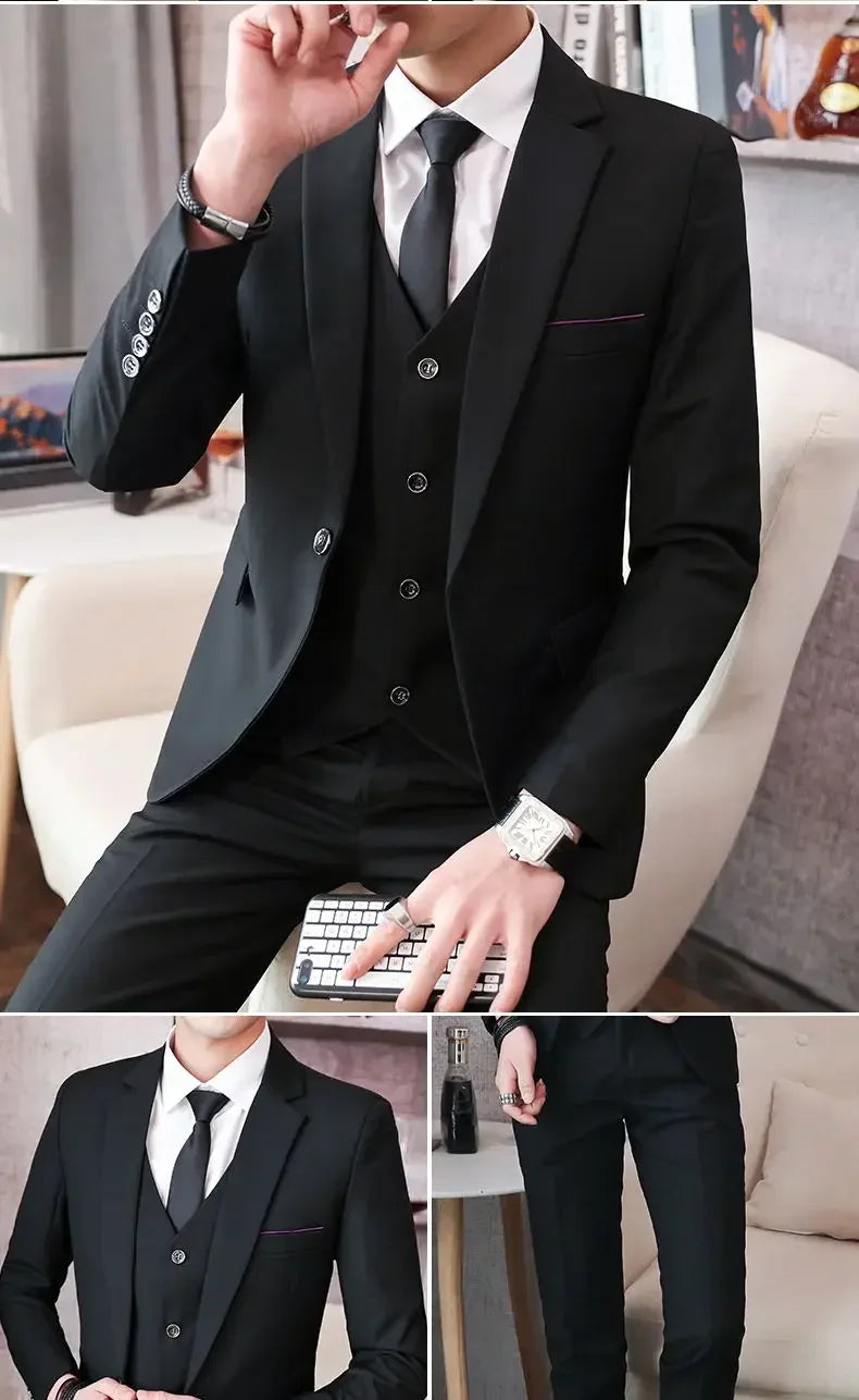 Suit (Blazer+ Vest + Pants) Men's Fashion Casual Outdoor Gentleman Business Wedding Formal Dress British Style Wedding Suit