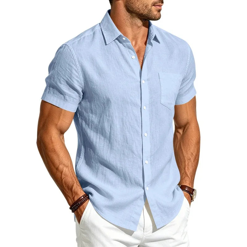 European and American Linen Top Men's Retro Casual Short-Sleeved Lapel Loose Beach Button-Up Shirt