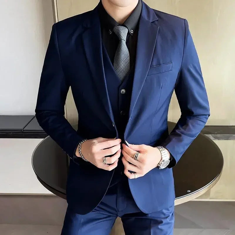 Suit (Blazer+ Vest + Pants) Men's Fashion Casual Outdoor Gentleman Business Wedding Formal Dress British Style Wedding Suit