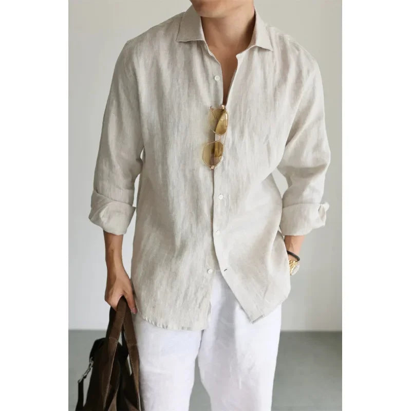 Men's Linen Shirt Cotton Blend Long Sleeve Button Down Casual Loose Fit Summer Breathable Tops Old Money Aesthetic Solid Color