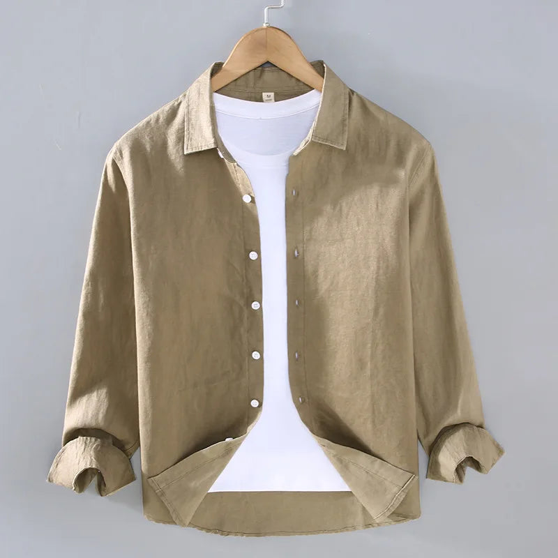 100% Linen Long Sleeve Shirt for Men Spring Fall Fashion Good Quality Solid Color Thin Breathable Healthy Lapel Blouse Tops Male