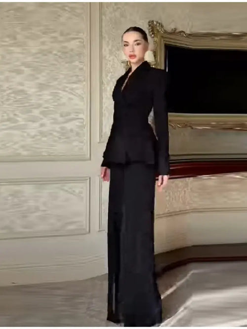 Elegant Beaded Embroidered Blazer Suit Wide-leg Pants Cozy