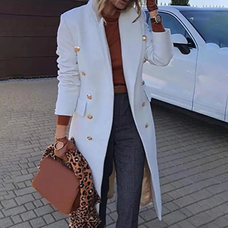 Long Over-Knee Woolen Coat for Women Commute Slimming Tonal Large Coat V-Neck Double Button Pure Color Business Style