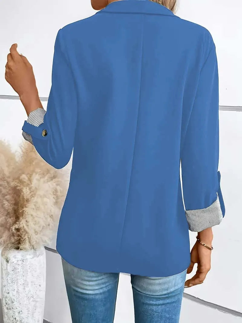 Women's Fashion Black Blazer with Striped Cuff Design Chic Professional Jacket for Casual Wear Slim Fit Long Sleeve Coat