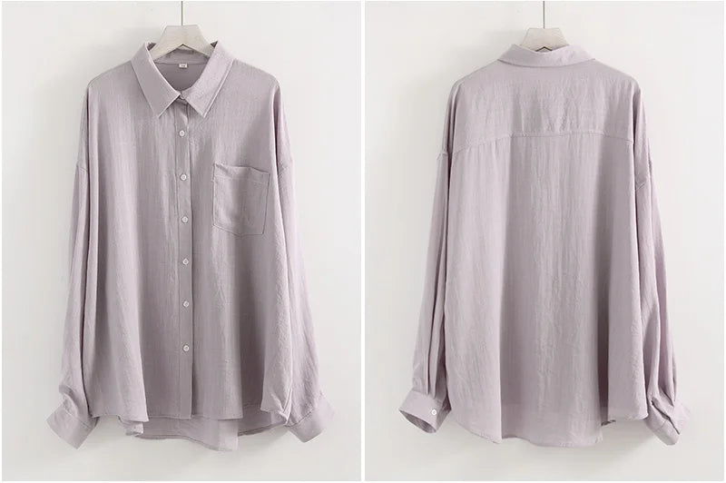 Linen Blue Button Down Shirt For Women Luxury Oversize Tops Summer Long Sleeve Basic Thin Women's White Linen Shirts Ladies Pink