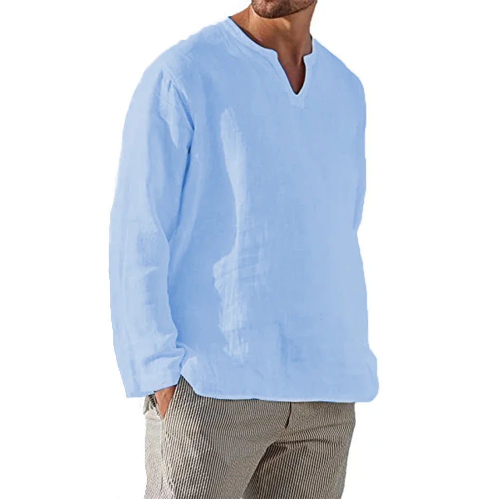 Men's Cotton Linen Shirt Cozy Solid Color Long Sleeve Breathable Tops V Neck Casual Blouse Hawaiian Shirt Lightweight Shirts