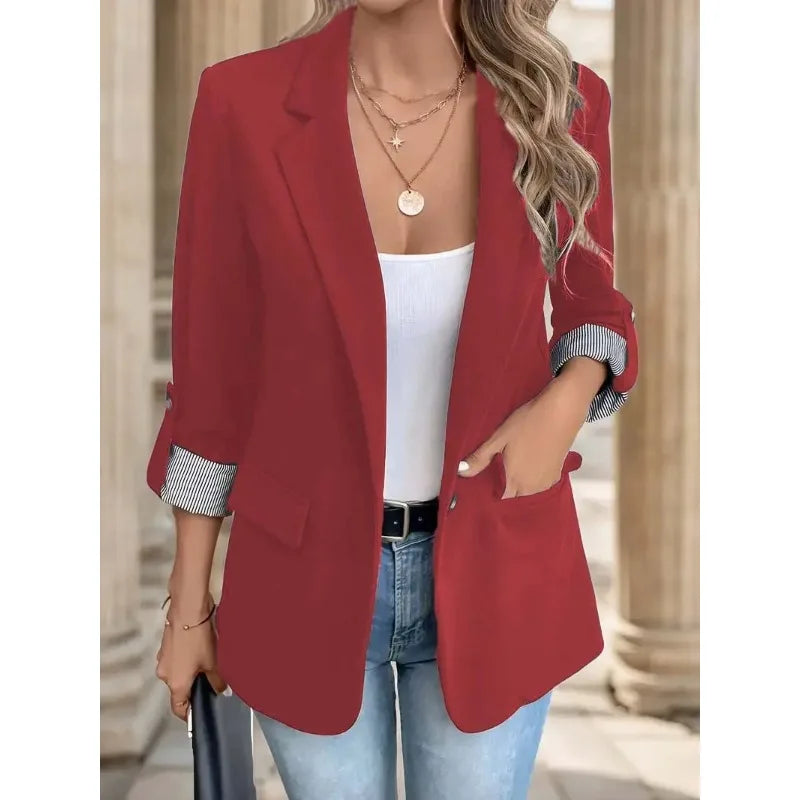 Women's Fashion Black Blazer with Striped Cuff Design Chic Professional Jacket for Casual Wear Slim Fit Long Sleeve Coat