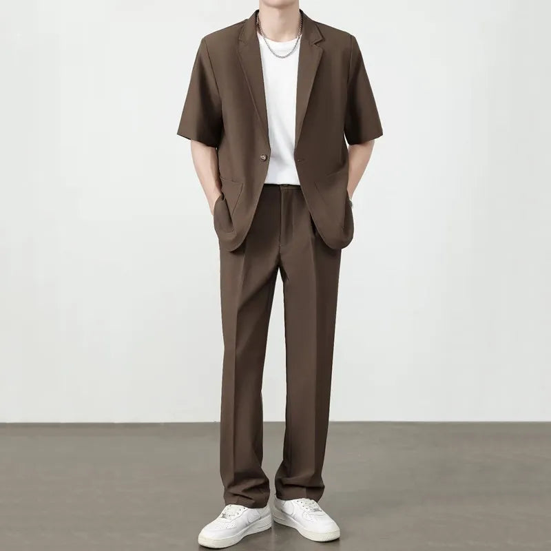 Summer Thin Ice Silk Drapey Suit Set Men's Short Sleeve Jacket Lightweight Casual Single-Breasted Suit Standard Fit Youth Trend