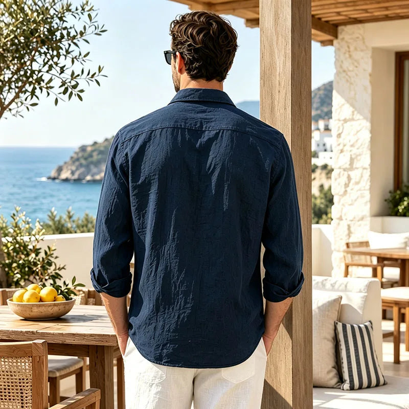 Men's Linen Shirt Spring Autumn Casual Long Sleeve Button Up Shirt Loose Fit Textured Top Lightweight Resort Wear for Men