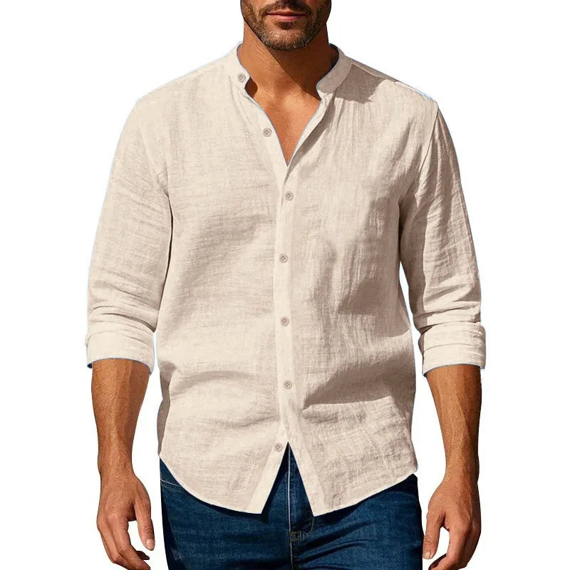 Cotton Linen Shirt for Men Henley Neck Solid Color Lightweight Breathable Single Breasted Slim Fit Casual Long Sleeve Button Top