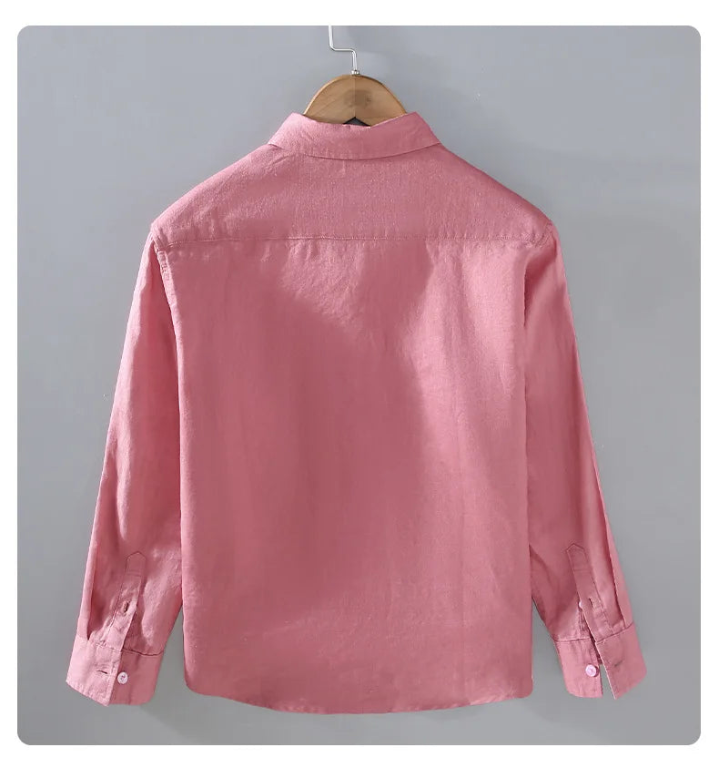 100% Linen Long Sleeve Shirt for Men Spring Fall Fashion Good Quality Solid Color Thin Breathable Healthy Lapel Blouse Tops Male