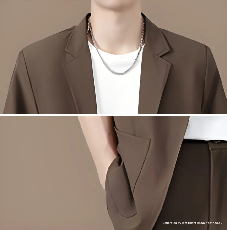 Summer Thin Ice Silk Drapey Suit Set Men's Short Sleeve Jacket Lightweight Casual Single-Breasted Suit Standard Fit Youth Trend