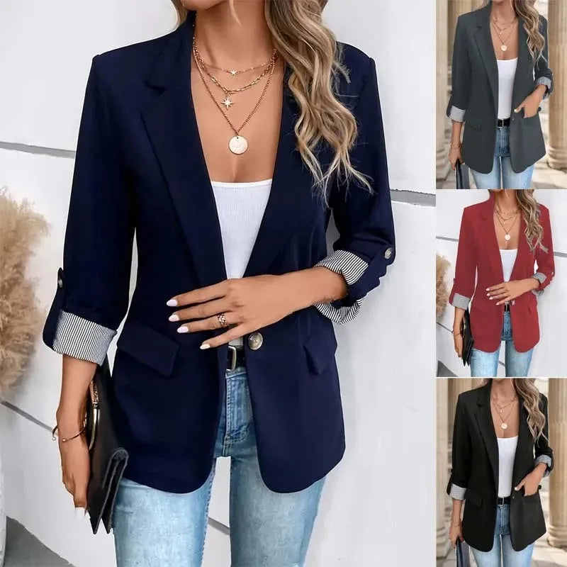 Women's Fashion Black Blazer with Striped Cuff Design Chic Professional Jacket for Casual Wear Slim Fit Long Sleeve Coat