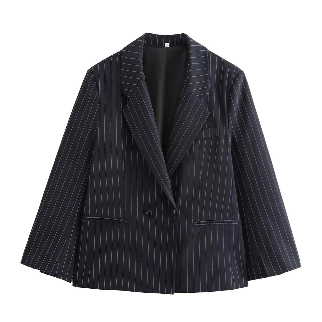 BSAY Blazers for Women Fashion Autumn Winter Loose Fine Stripes Long Sleeve Double-breasted Suits Jacket Chic Female Suit Coat