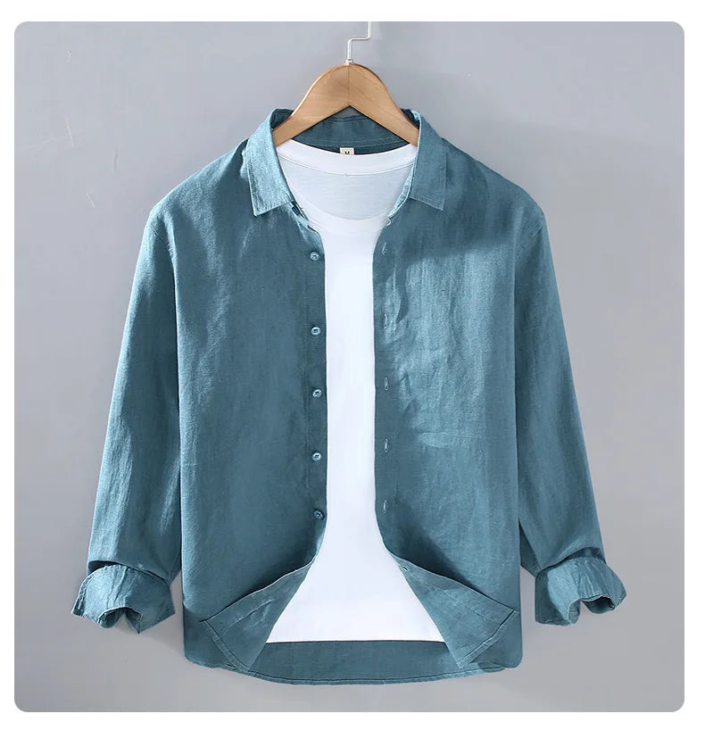 100% Linen Long Sleeve Shirt for Men Spring Fall Fashion Good Quality Solid Color Thin Breathable Healthy Lapel Blouse Tops Male