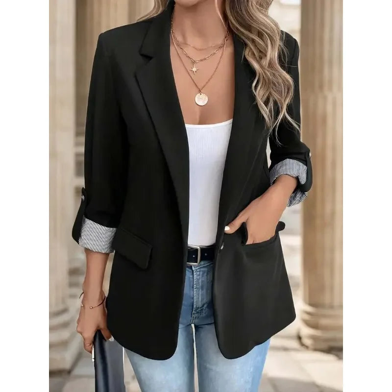 Women's Fashion Black Blazer with Striped Cuff Design Chic Professional Jacket for Casual Wear Slim Fit Long Sleeve Coat