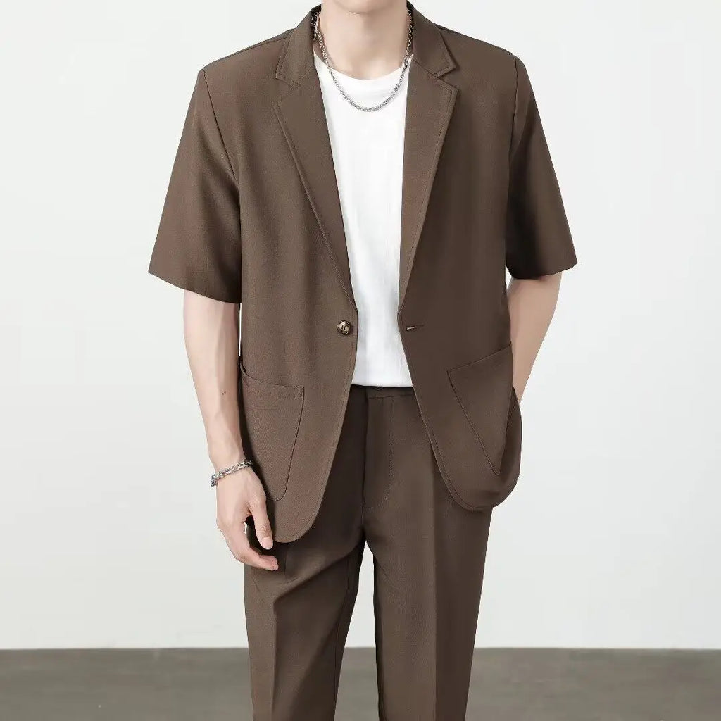 Summer Thin Ice Silk Drapey Suit Set Men's Short Sleeve Jacket Lightweight Casual Single-Breasted Suit Standard Fit Youth Trend