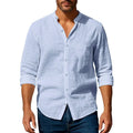 Cotton Linen Shirt for Men Henley Neck Solid Color Lightweight Breathable Single Breasted Slim Fit Casual Long Sleeve Button Top