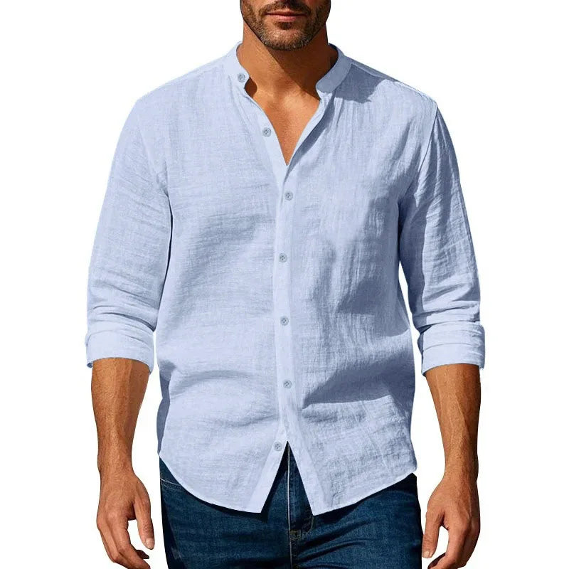 Cotton Linen Shirt for Men Henley Neck Solid Color Lightweight Breathable Single Breasted Slim Fit Casual Long Sleeve Button Top