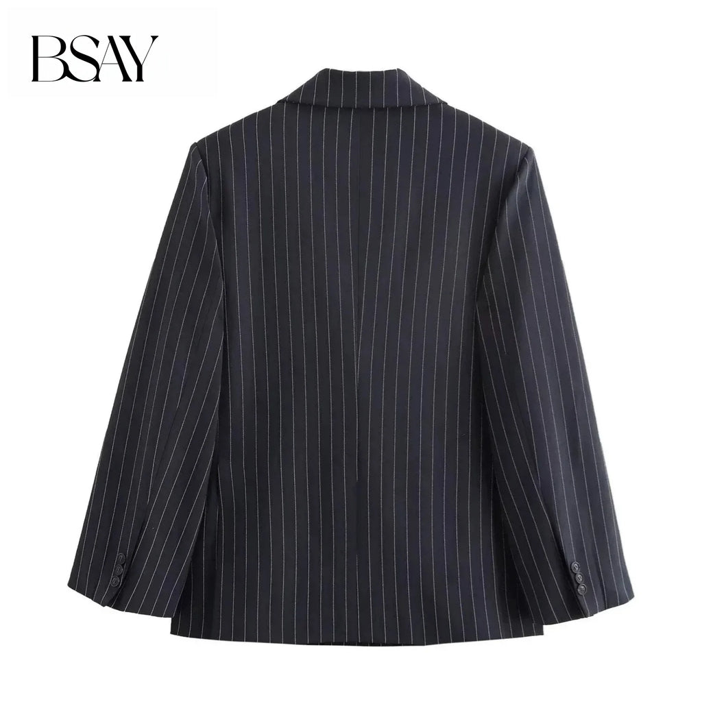 BSAY Blazers for Women Fashion Autumn Winter Loose Fine Stripes Long Sleeve Double-breasted Suits Jacket Chic Female Suit Coat