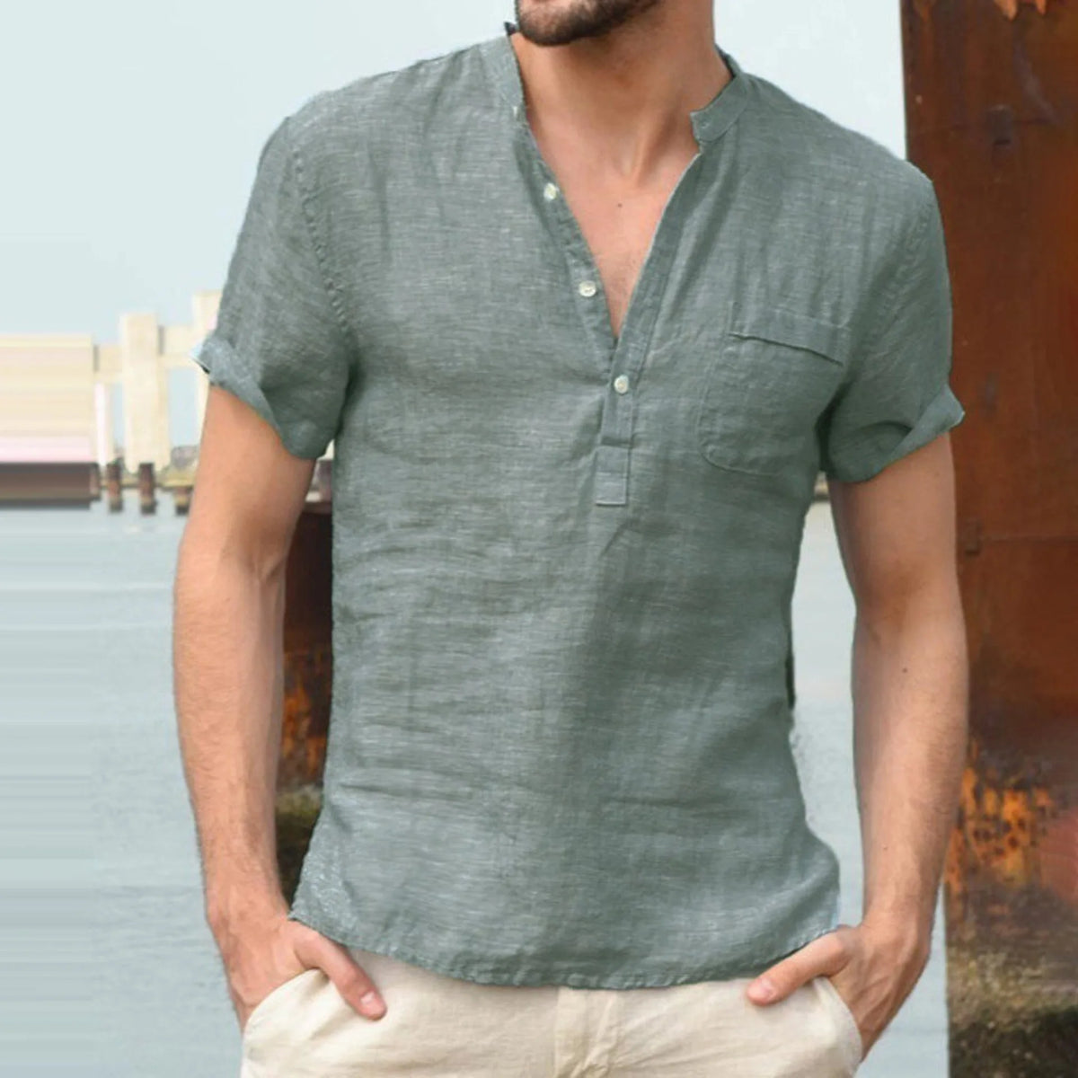 Linen Cotton Men's Shirt Henry Collar and Beach Pocket Casual Short Sleeved T-shirt Solid Color T-shirt Retro Streetwear