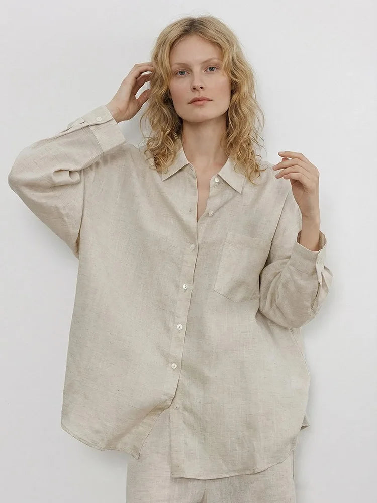 Linen Blue Button Down Shirt For Women Luxury Oversize Tops Summer Long Sleeve Basic Thin Women's White Linen Shirts Ladies Pink