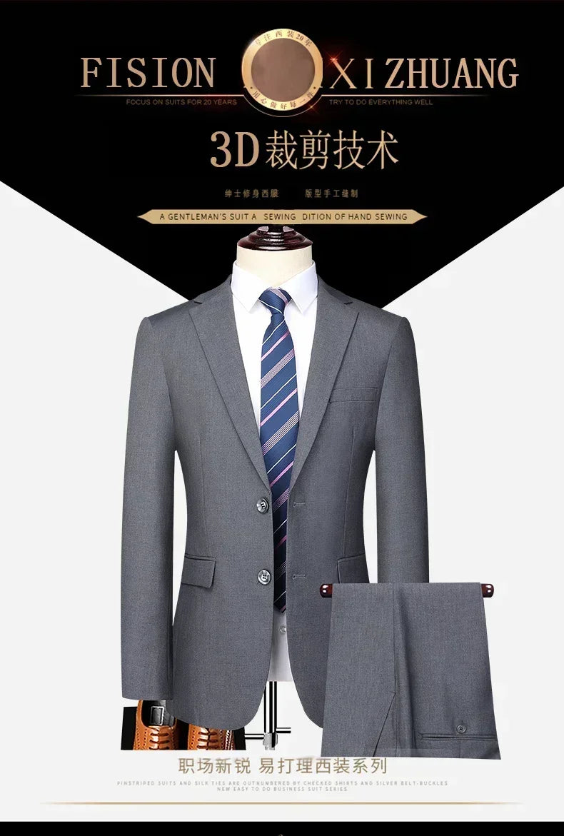 Suit (Blazer+Pants) Men's Fashion Business Outdoor Gentleman Trend Solid Color Casual Slim-fit Wedding Host Gentleman Suit S-6XL