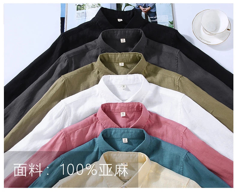 100% Linen Long Sleeve Shirt for Men Spring Fall Fashion Good Quality Solid Color Thin Breathable Healthy Lapel Blouse Tops Male