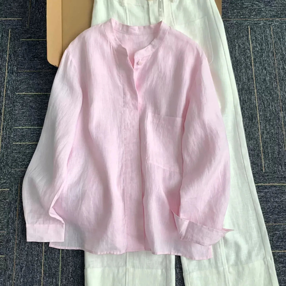 Women Linen Shirt Casual Loose Long Sleeve Thin Summer Top Pure Color Turn Down Collar French Style Sunscreen Clothing