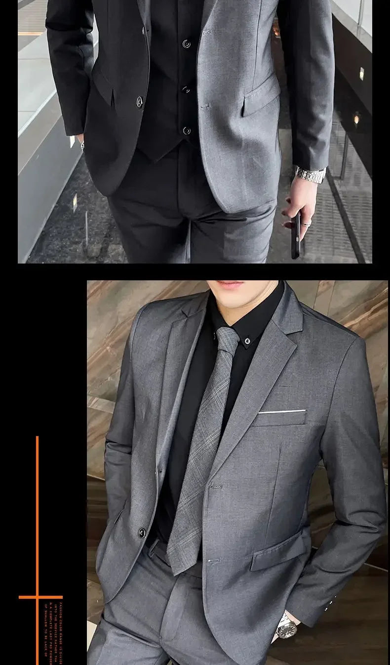 Suit (Blazer+ Vest + Pants) Men's Fashion Casual Outdoor Gentleman Business Wedding Formal Dress British Style Wedding Suit