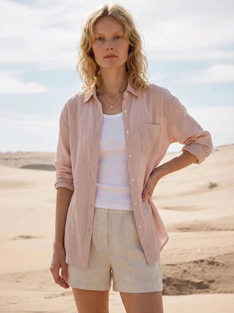 Linen Blue Button Down Shirt For Women Luxury Oversize Tops Summer Long Sleeve Basic Thin Women's White Linen Shirts Ladies Pink