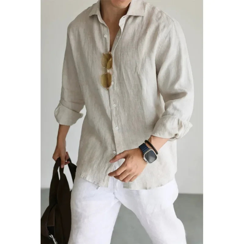 Men's Linen Shirt Cotton Blend Long Sleeve Button Down Casual Loose Fit Summer Breathable Tops Old Money Aesthetic Solid Color