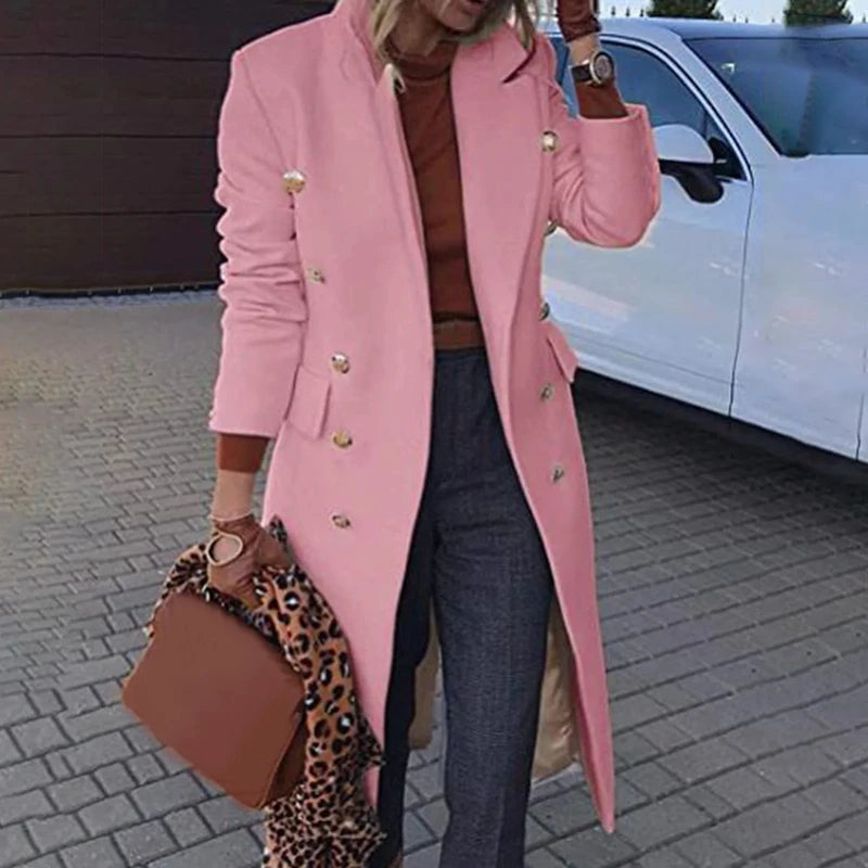 Long Over-Knee Woolen Coat for Women Commute Slimming Tonal Large Coat V-Neck Double Button Pure Color Business Style