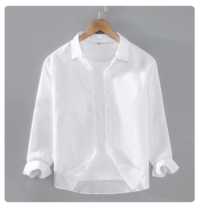 100% Linen Long Sleeve Shirt for Men Spring Fall Fashion Good Quality Solid Color Thin Breathable Healthy Lapel Blouse Tops Male