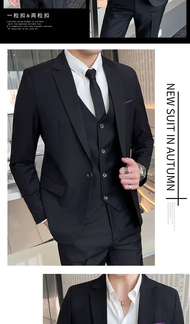 Suit (Blazer+ Vest + Pants) Men's Fashion Casual Outdoor Gentleman Business Wedding Formal Dress British Style Wedding Suit