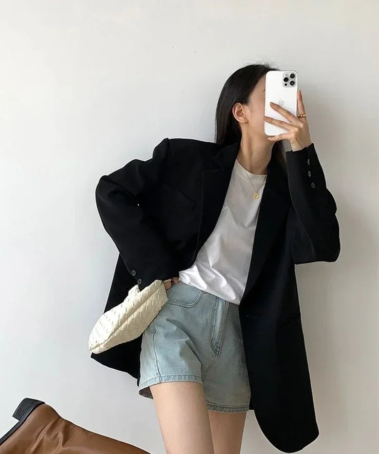Gray Blazer Woman Black Jacket Outerwears Solid Over Clothes Coats for Women Dress Loose Long Korean Reviews Many Outdoor New In