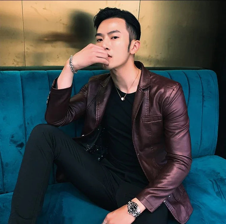 Leather Jacket for Men Thin Coats Slim Fit Spring Autumn Handsome Vintage Man Suits and Blazers Clothing Casual Clothes Original
