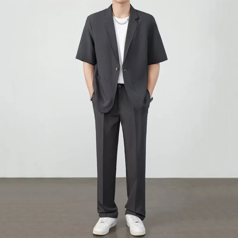 Summer Thin Ice Silk Drapey Suit Set Men's Short Sleeve Jacket Lightweight Casual Single-Breasted Suit Standard Fit Youth Trend
