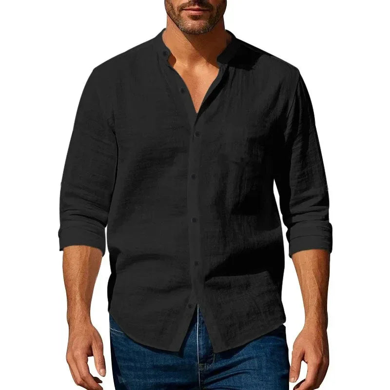 Cotton Linen Shirt for Men Henley Neck Solid Color Lightweight Breathable Single Breasted Slim Fit Casual Long Sleeve Button Top
