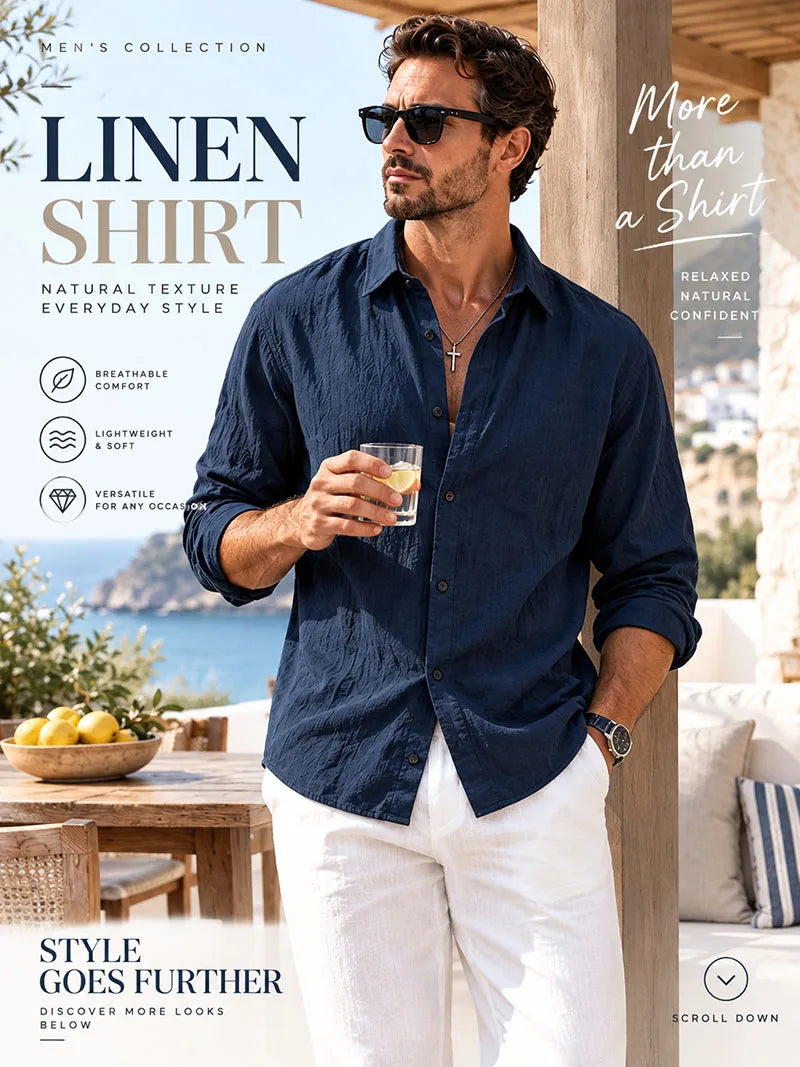Men's Linen Shirt Spring Autumn Casual Long Sleeve Button Up Shirt Loose Fit Textured Top Lightweight Resort Wear for Men