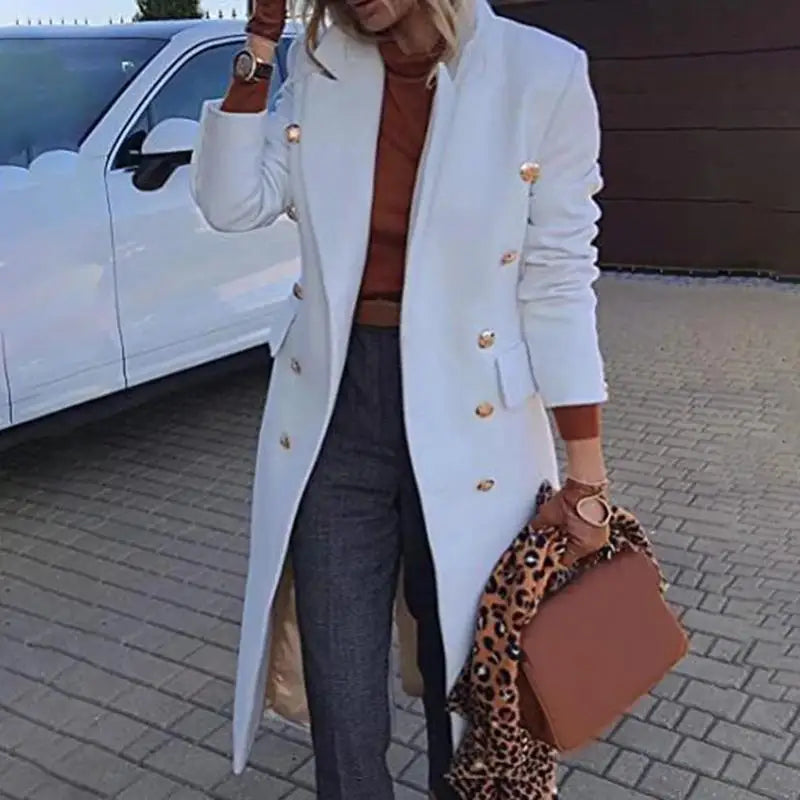 Long Over-Knee Woolen Coat for Women Commute Slimming Tonal Large Coat V-Neck Double Button Pure Color Business Style